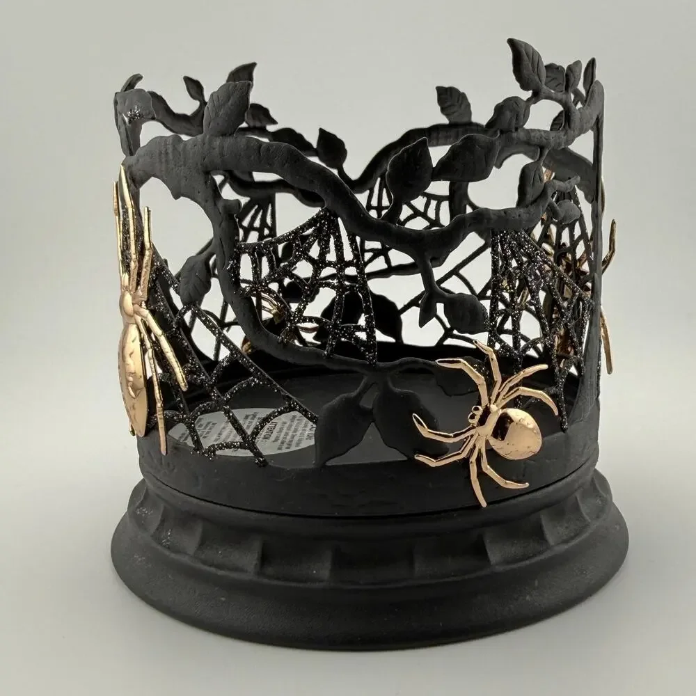 Bath & Body Works Candle Holder Halloween Spiderwebs Black w Gold Spiders 3 Wick - Picture 2 of 7